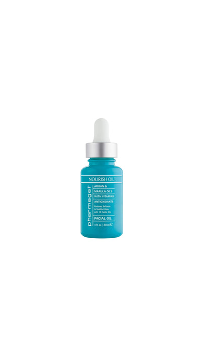 The front of Nourish Oil facial oil in a blue bottle with a white dropper