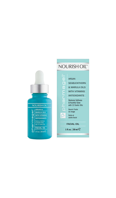 The front of the bottle of Nourish Oil facial oil in a blue bottle with a white dropper and the front of the Nourish Oil carton